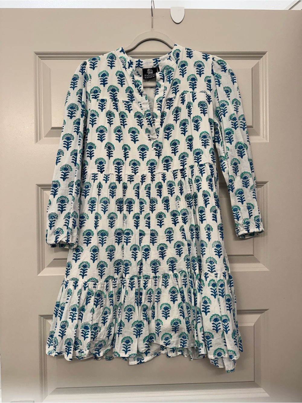 Madison Matthews White Dress with Blue Floral Block Print - Casual Tiered Dress